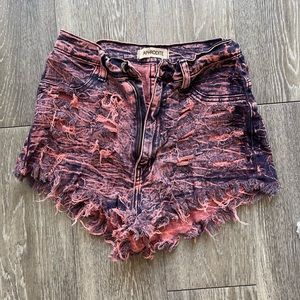 Pink blue denim acid wash high waisted shorts- medium